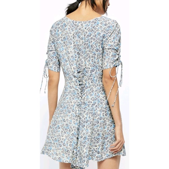 Free People Blue Floral Print Sun Dress Laced Up Mini Sleeves Back M Boho Fairy - Picture 2 of 14